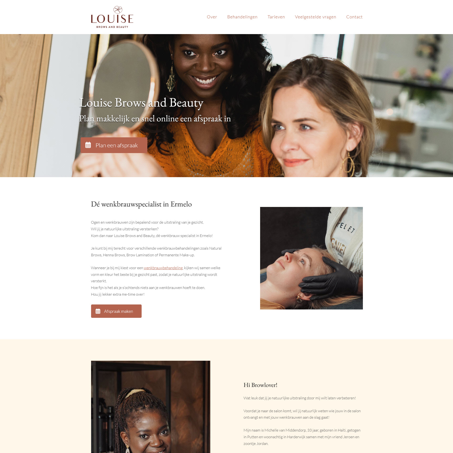 Screenshot van de website van Louise Brows & Beauty, gebouwd door Webgebouw